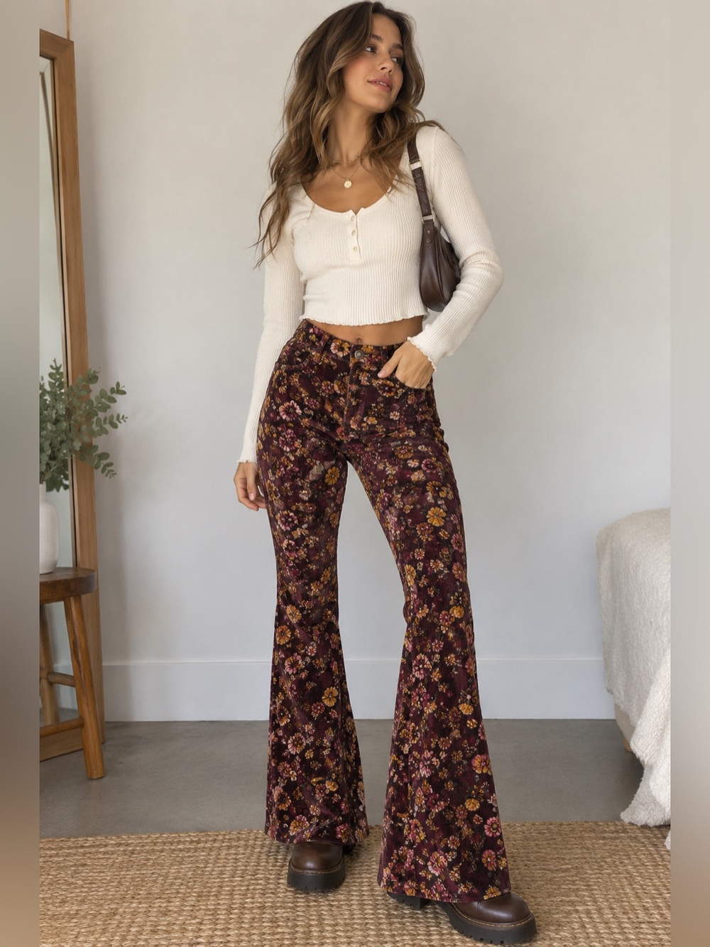 Vintage Wrangler Burgundy Floral Velvet Wide-Leg Jeans 8x32